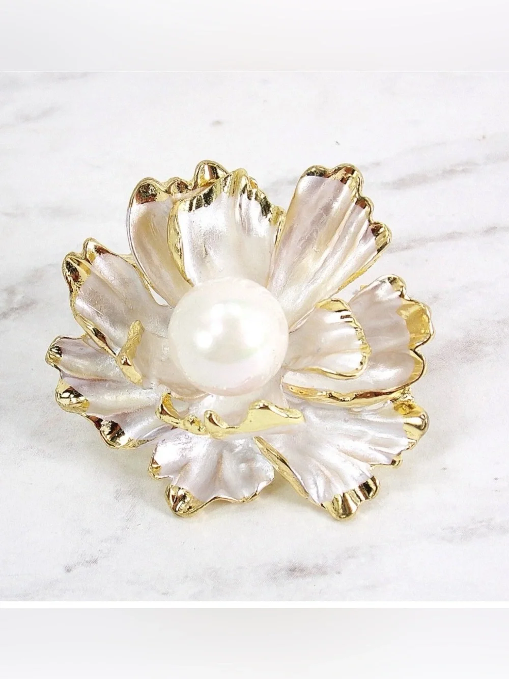 White Flower Brooch Pin with pearl center and gold trim. White floral fashion